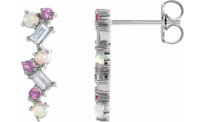 14K White Ethiopian Opal, Pink Sapphire & 1/10 CTW Diamond Scattered Bar Earrings - 87048605P