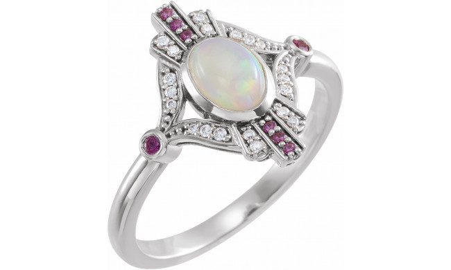 14K White Cabochon Ethiopian Opal, Pink Sapphire & .06 CTW Diamond Ring - 72093600P