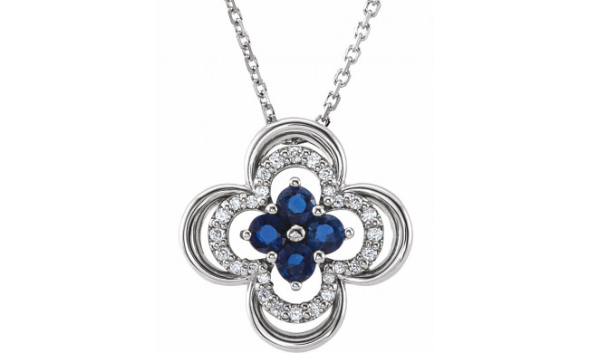 14K White Blue Sapphire & 1/10 CTW Diamond Clover 18 Necklace - 86369600P