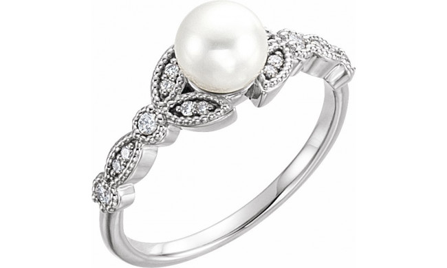 14K White Freshwater Pearl & 1/8 CTW Diamond Leaf Ring - 6491600P