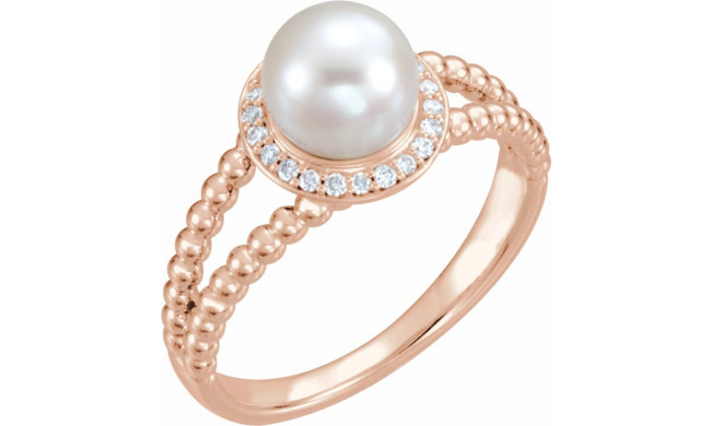 14K Rose Freshwater Cultured Pearl & .08 CTW Diamond Halo-Style Beaded Ring - 6493602P