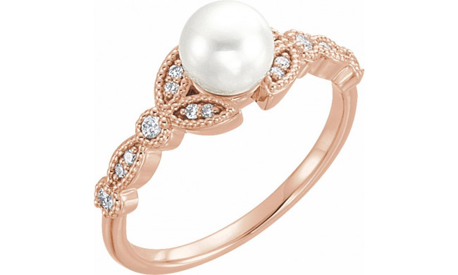 14K Rose Freshwater Pearl & 1/8 CTW Diamond Leaf Ring - 6491602P