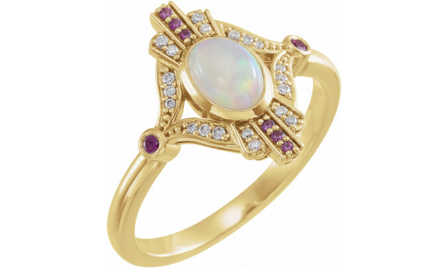 14K Yellow Cabochon Ethiopian Opal, Pink Sapphire & .06 CTW Diamond Ring - 72093601P