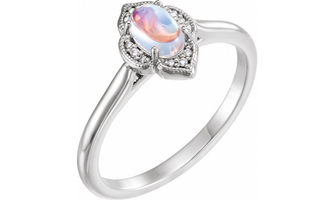 14K White Rainbow Moonstone & .03 CTW Diamond Clover Cabochon Ring - 71939611P