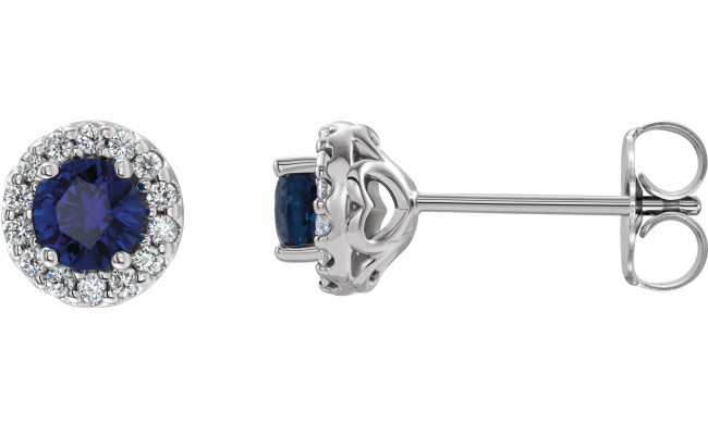 14K White 4 mm Round Blue Sapphire & 1/8 Diamond Earrings - 86839612P