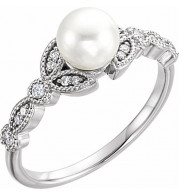 14K White Freshwater Pearl & 1/8 CTW Diamond Leaf Ring - 6491600P