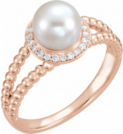 14K Rose Freshwater Cultured Pearl & .08 CTW Diamond Halo-Style Beaded Ring - 6493602P