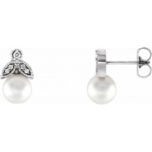 14K White Freshwater Pearl & .06 CTW Diamond Earrings - 86485600P
