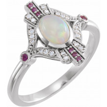 14K White Cabochon Ethiopian Opal, Pink Sapphire & .06 CTW Diamond Ring - 72093600P