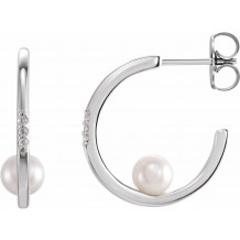 14K White Freshwater Cultured Pearl & .025 CTW Diamond Hoop Earrings - 87032605P