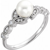 14K White Freshwater Pearl & 1/8 CTW Diamond Leaf Ring - 6491600P photo