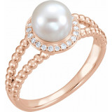 14K Rose Freshwater Cultured Pearl & .08 CTW Diamond Halo-Style Beaded Ring - 6493602P photo